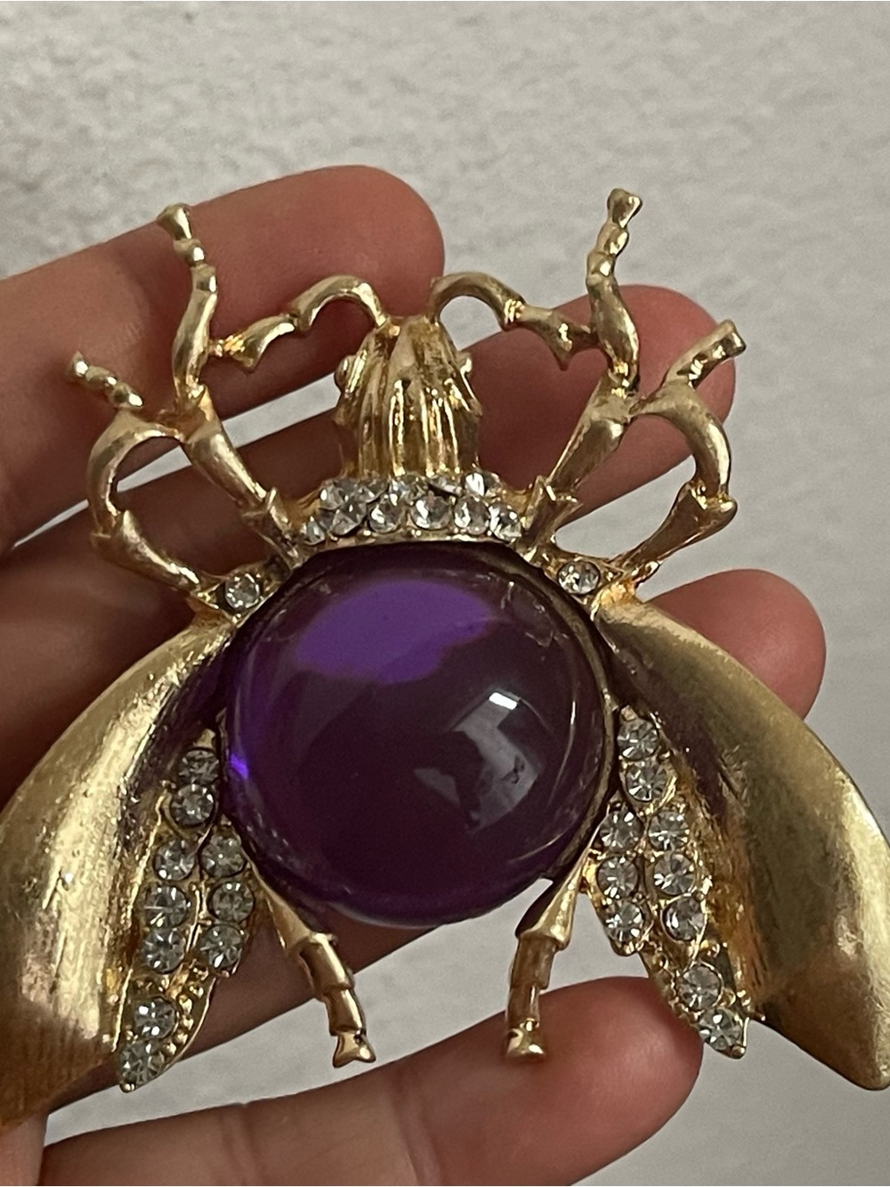 Gold-Tone Bee, Beetle  Brooch with Purple Cabochon and Clear Crystals